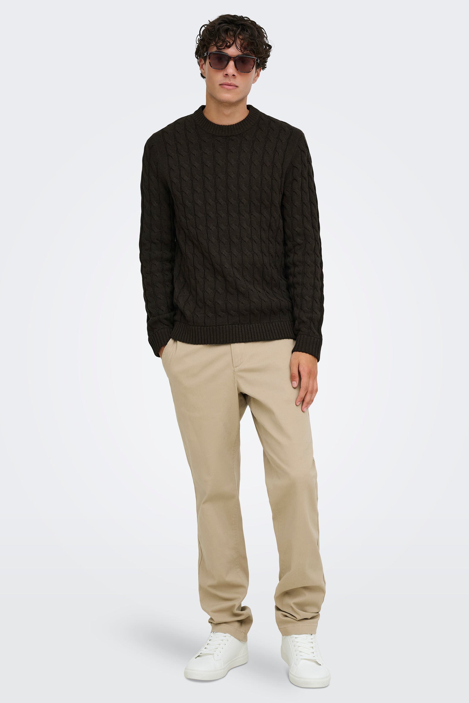 Only & Sons Kicker Cable Knit Crew Neck Coffee Bean