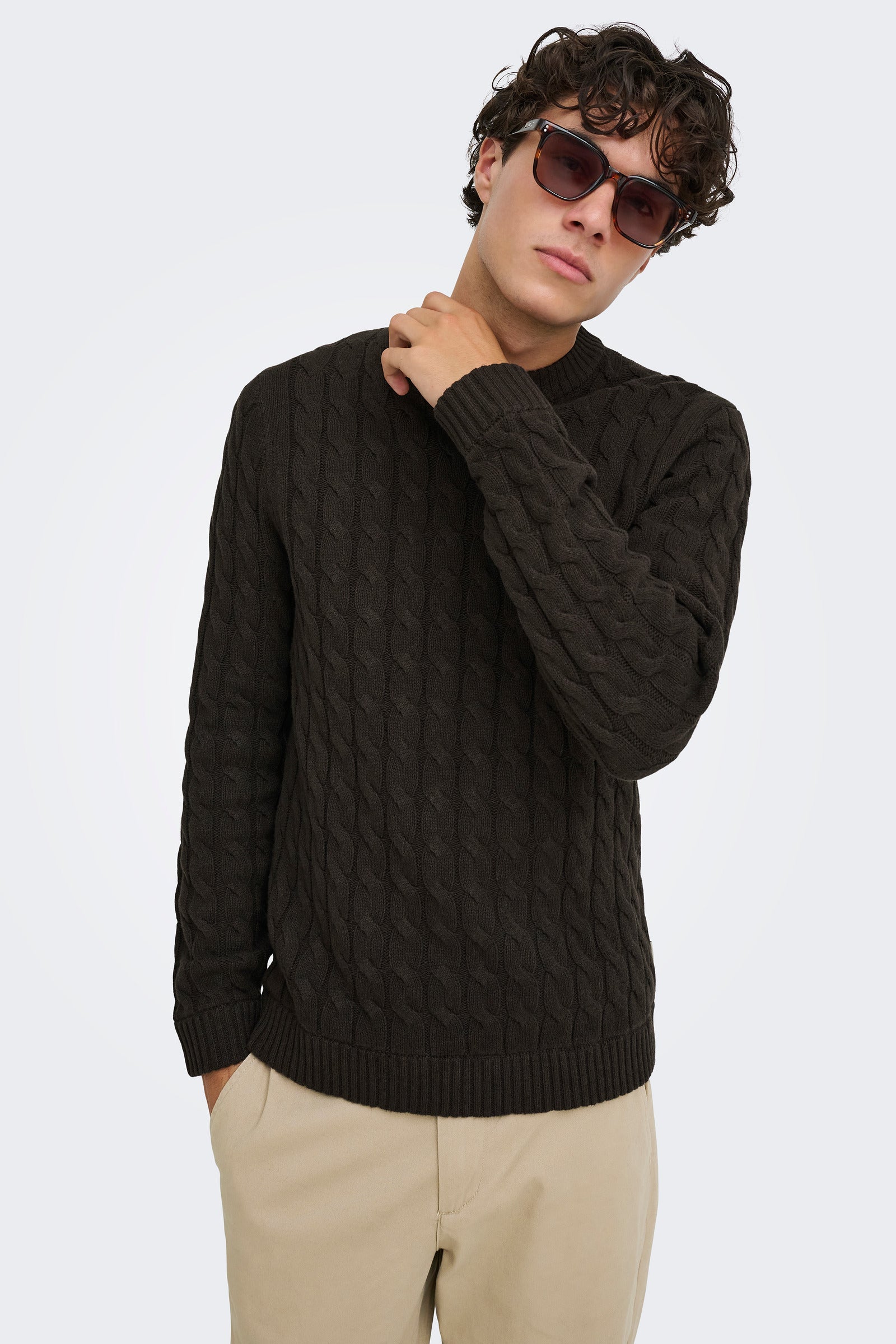 Only & Sons Kicker Cable Knit Crew Neck Coffee Bean