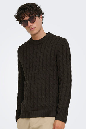 Only & Sons Kicker Cable Knit Crew Neck Coffee Bean