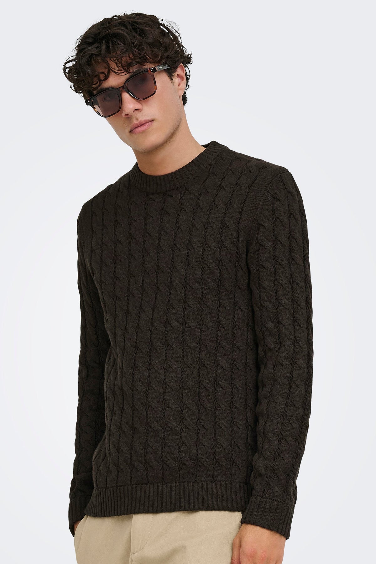 Only & Sons Kicker Cable Knit Crew Neck Coffee Bean