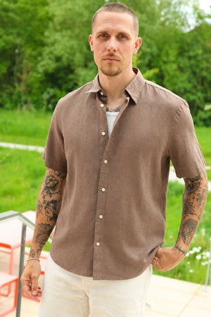 Selected Clay Linenblend SS Shirt Chocolate Chip