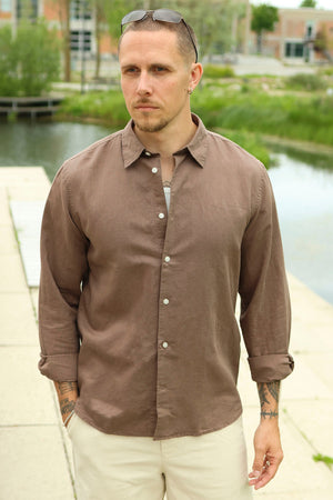 Selected Regclay Linenblend LS Shirt Chocolate Chip