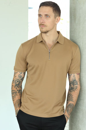 Selected Fave Zip SS Polo Savannah Tan