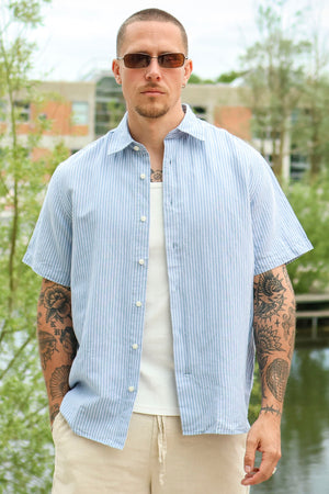 Selected Clay Linenblend SS Shirt Dusty Blue White