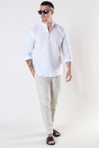 CAIDEN HALF PLACKET LINEN SHIRT White